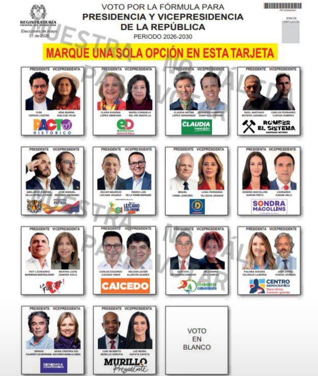 Así quedó el tarjetón de las elecciones presidenciales para la primera vuelta tras el sorteo de la Registraduría
